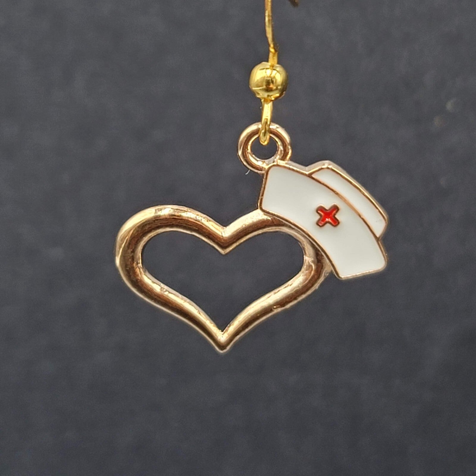 Nurse Heart Pierced Earrings Red White Enamel Gold tone Dangle 3/4"