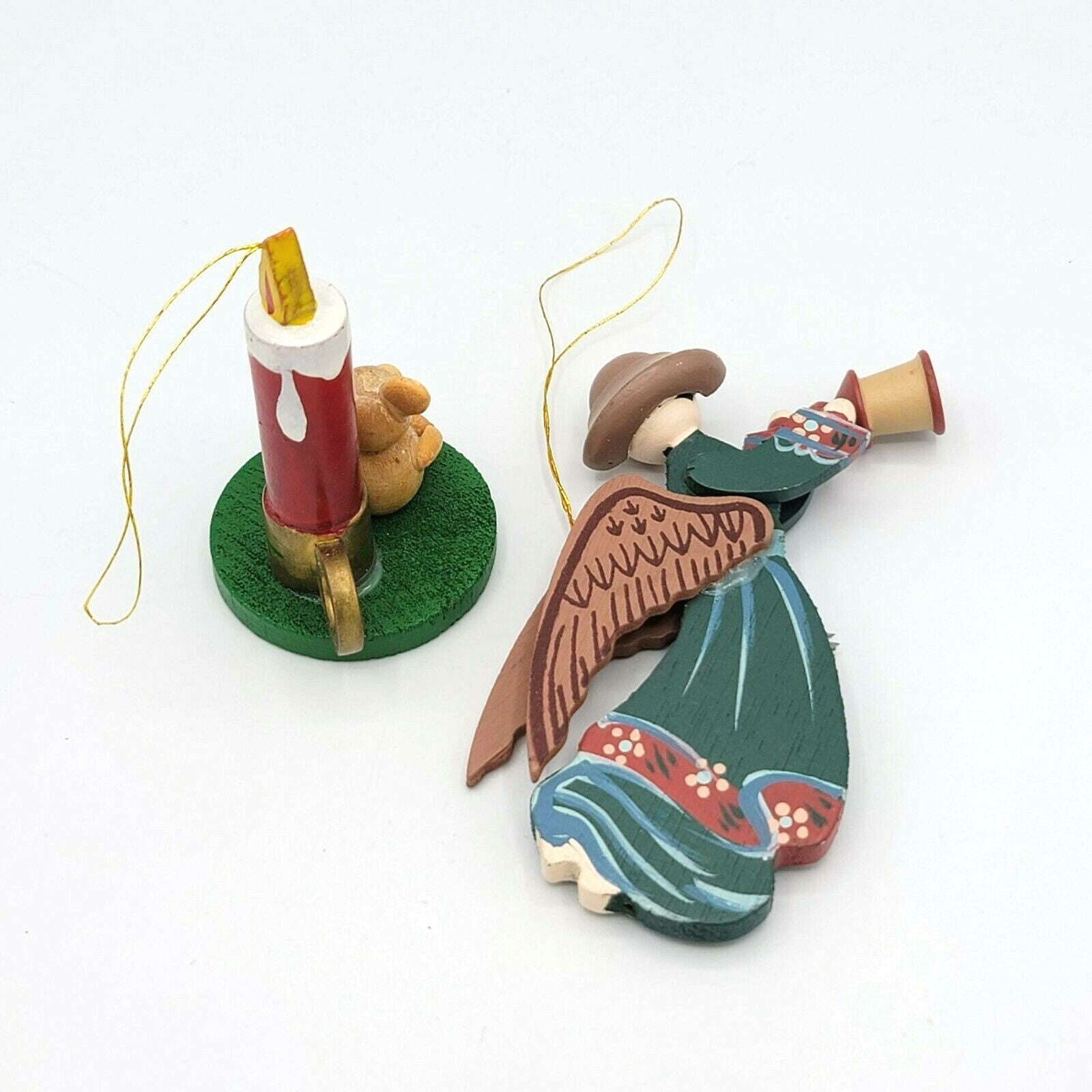 Wood Christmas Ornaments Lot of 2 Hand Painted Angel Trumpet Candle Teddy Bear