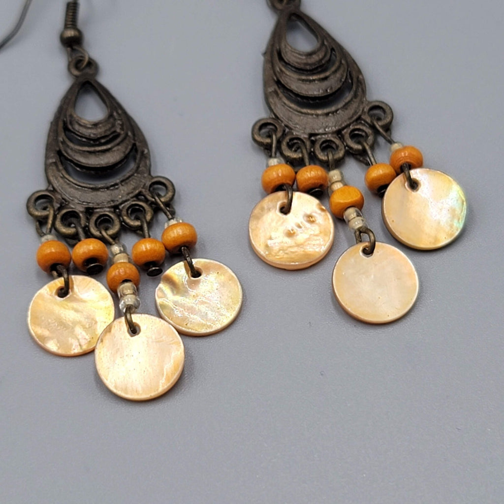 Bronze tone Chandelier Pierced Earrings Wood Bead Orange Shell Dangle 2"