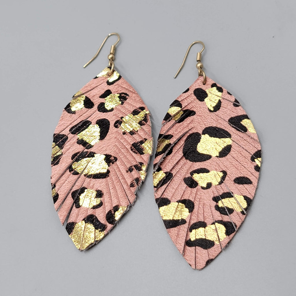 Leopard Print Leaf Earrings Faux Leather Statement Lightweight Boho 3.25"