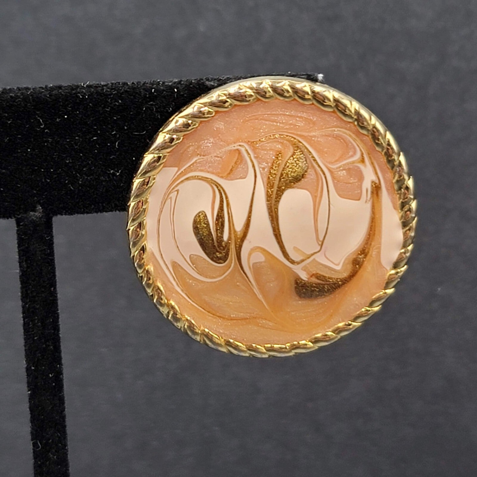 Vintage Clip on Earrings Gold tone Pink Enamel Swirl Round 1.5"