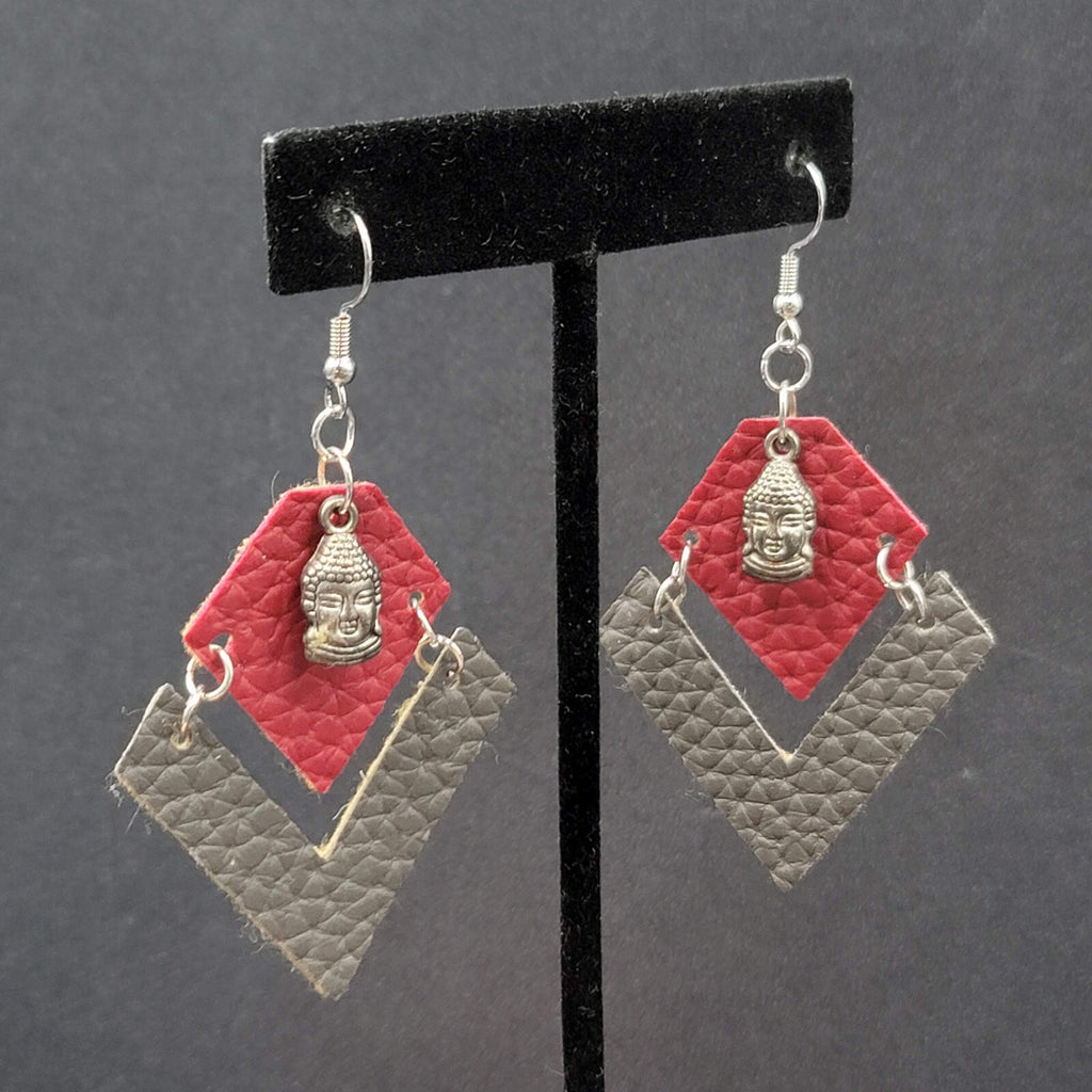 Buddha Pierced Earrings Red Brown Felt Dangle Lightweight 2"