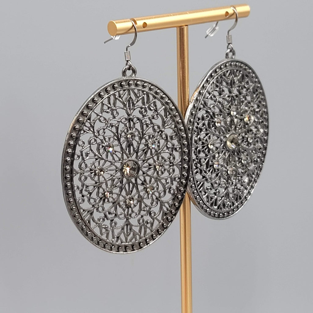 Large Medallion Pierced Earrings Black Metal Rhinestone Open Oval Dangle 2.5 in