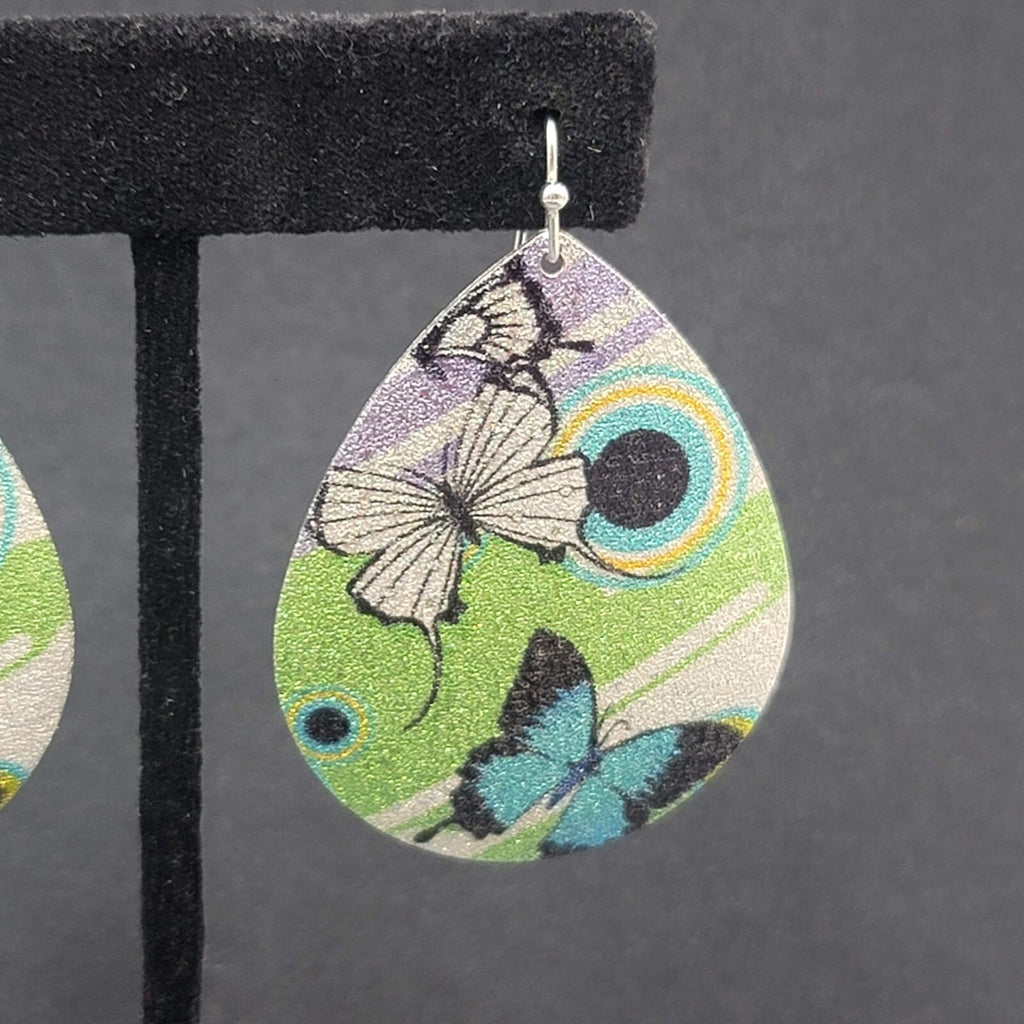 Pierced Earrings Silver tone Textured Butterfly  Teardrop Dangle 2"