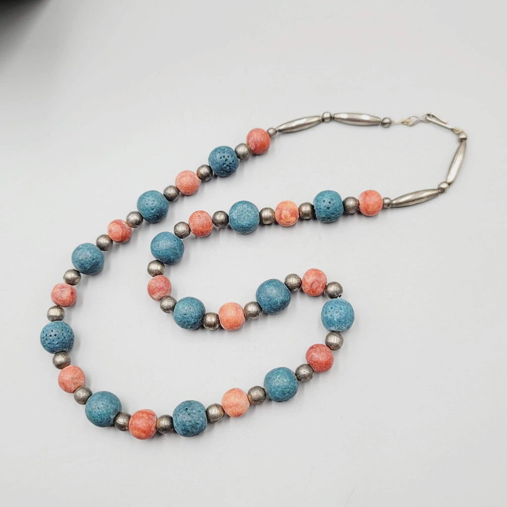 Vintage Beaded Necklace Red Blue Brass Handmade 22" Estate Costume Jewelry 