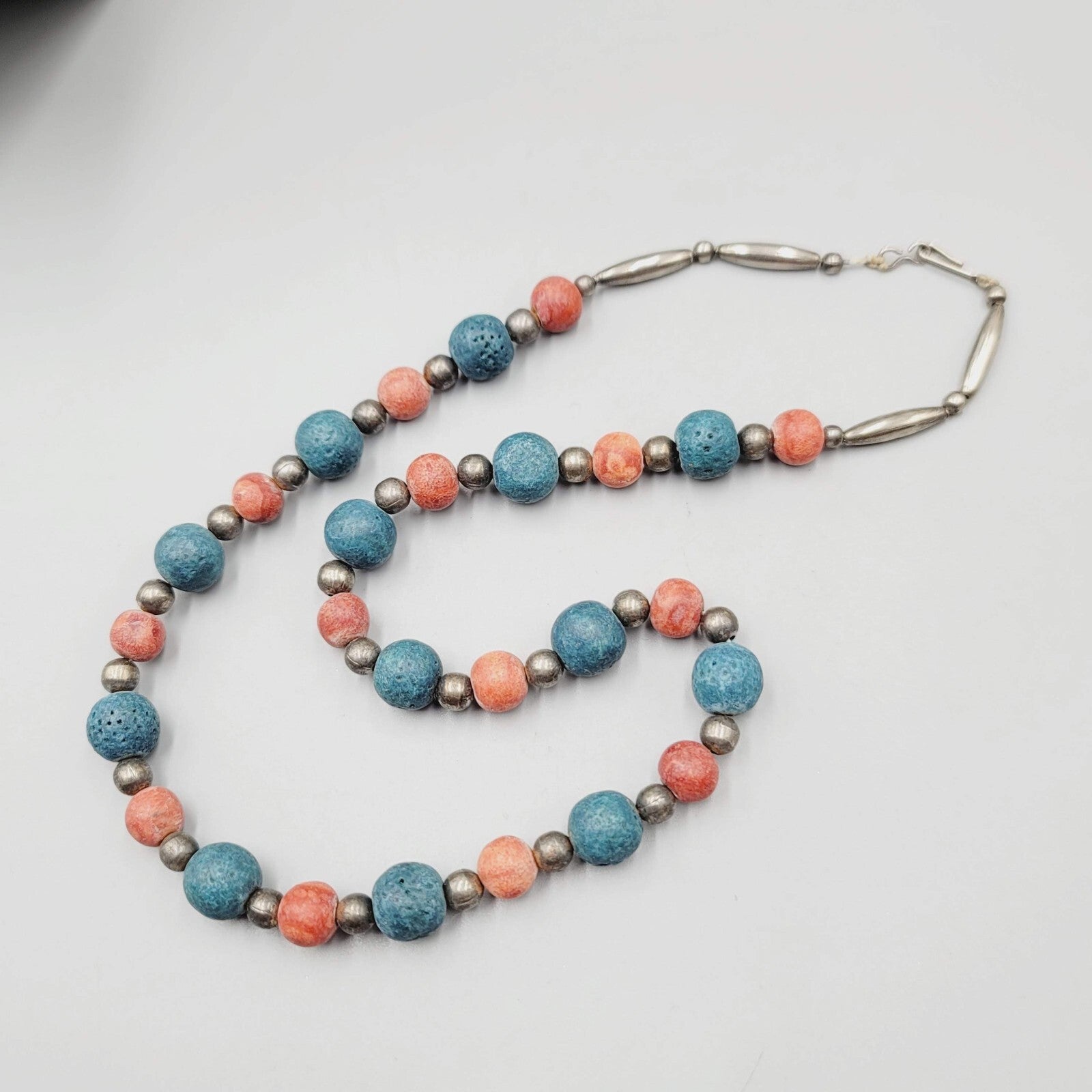 Vintage Beaded Necklace Red Blue Brass Handmade 22" Estate Costume Jewelry 