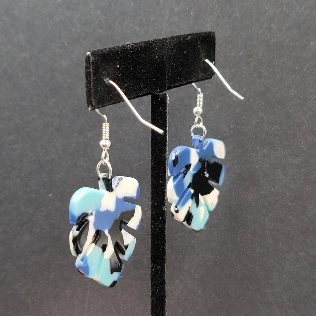 Pierced Earrings Blue White Black Resin Palm Leaf Dangle 1.25"