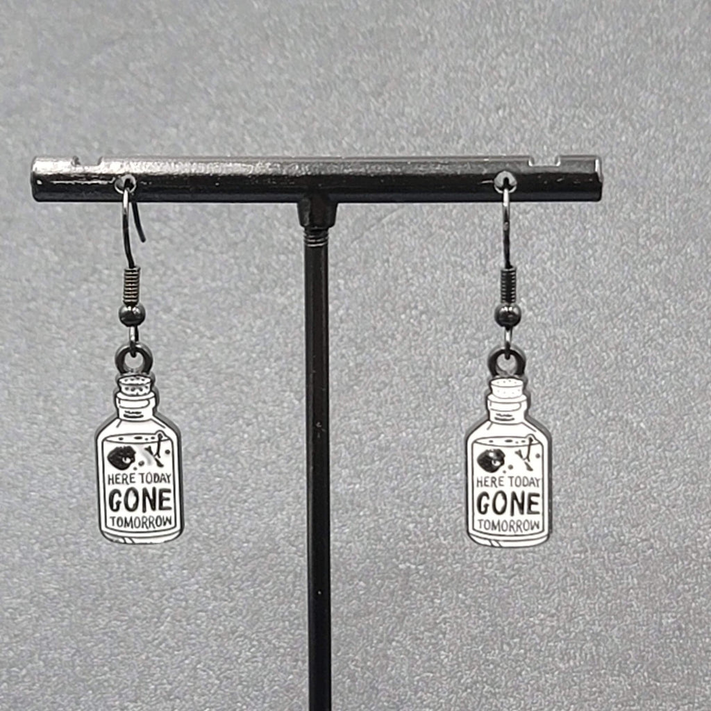 Poison Pierced Earrings Black White Enamel Dangle Here Today Gone Tomorrow 7/8"