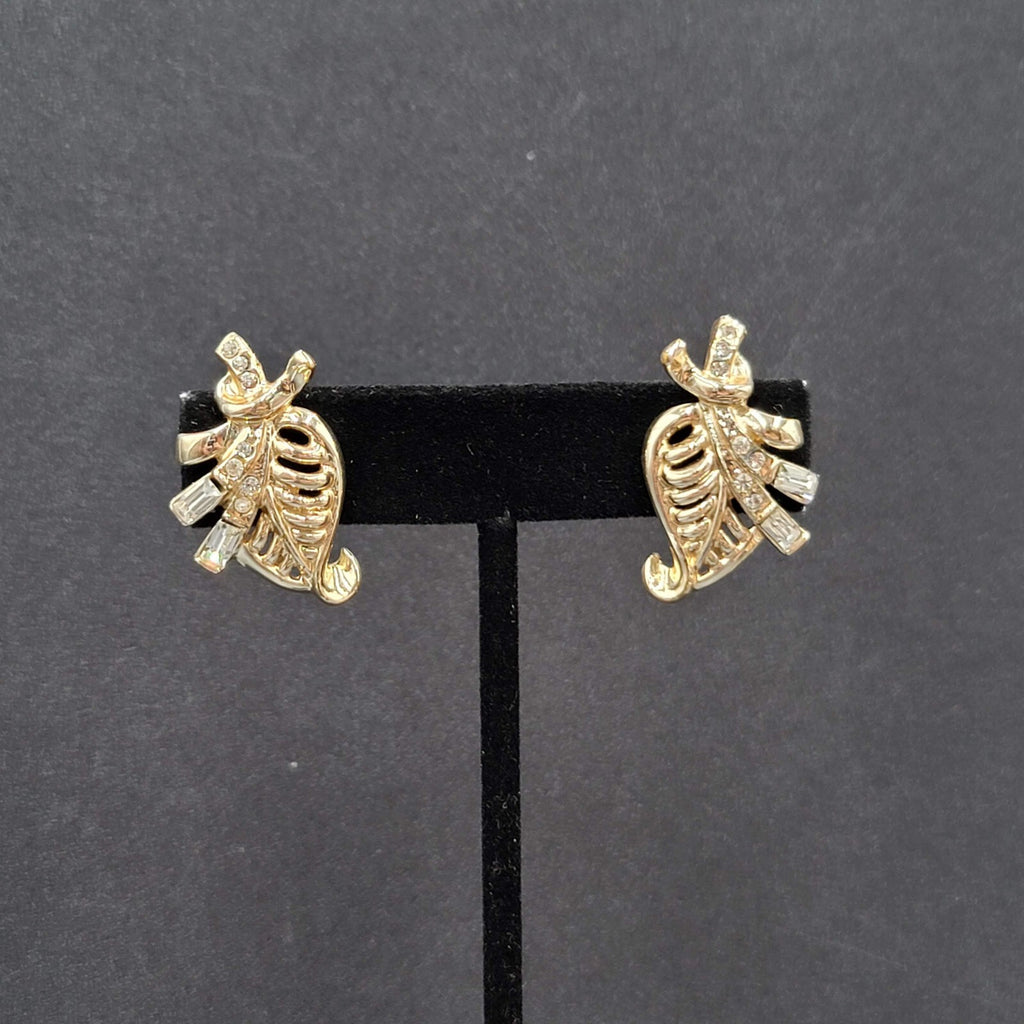 Vintage Clip on Earrings Gold tone Rhinestone Leaf Design Drop Screw Back 1.25"