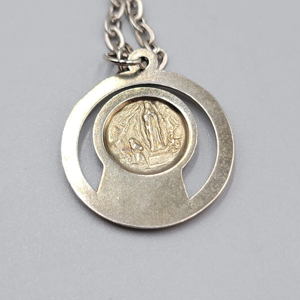 Vintage Our Lady Lourdes Blessed Virgin Mary Catholic Pendant Silver tone 16"