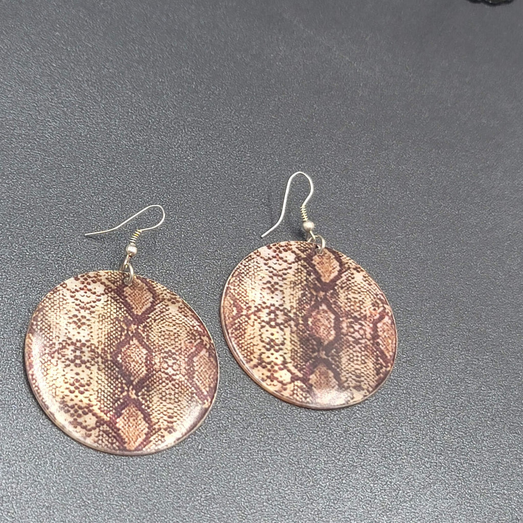 Pierced Earrings Snake Skin Print on Sea Shell 1.75"