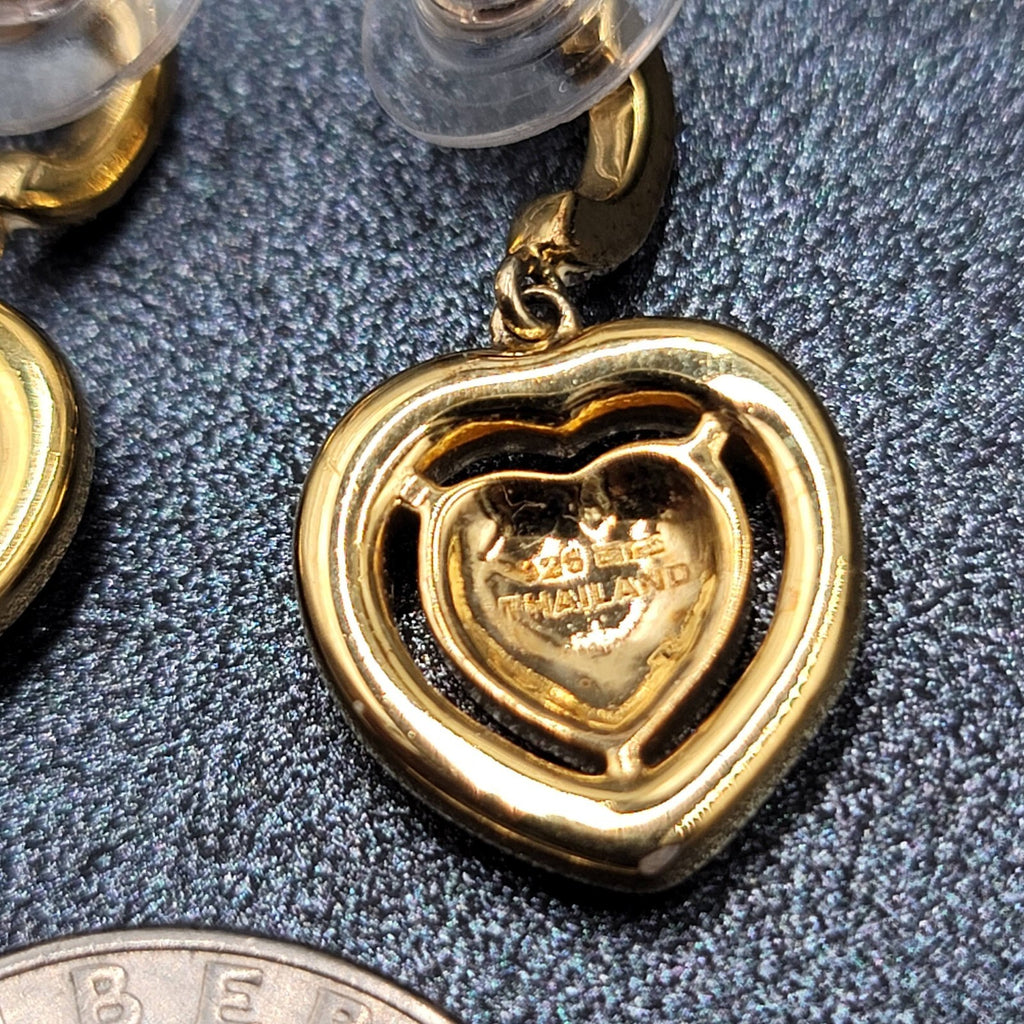 Sterling Silver Pierced Earrings Gold Plated Crystal Heart Dangle 1" 925