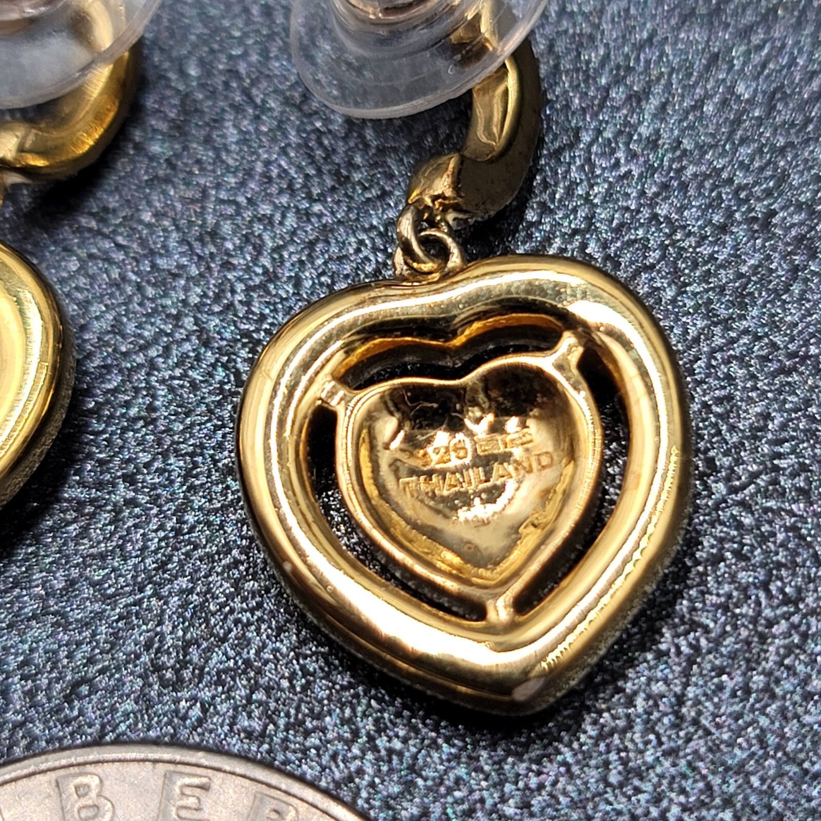 Sterling Silver Pierced Earrings Gold Plated Crystal Heart Dangle 1" 925
