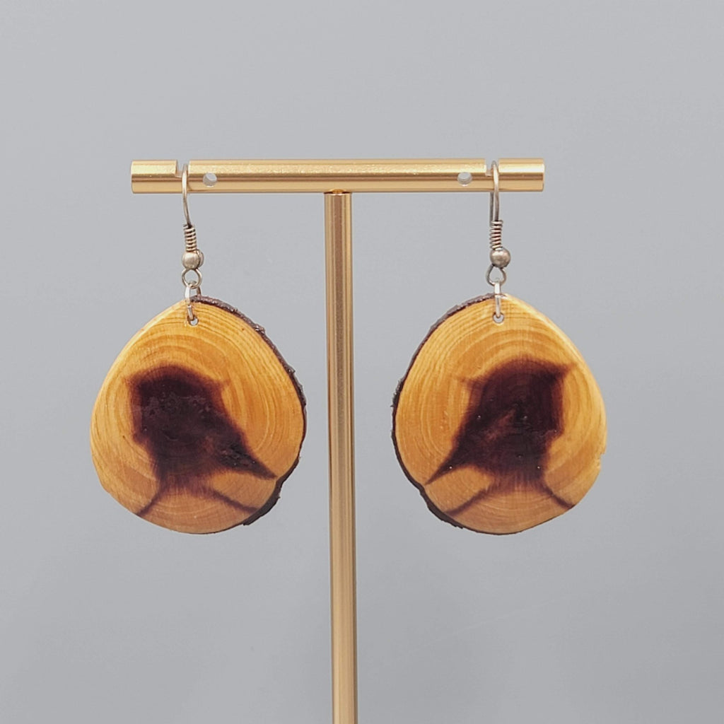 Live Edge Wood Round Pierced Earrings Clear Finish Dangle  1.5"