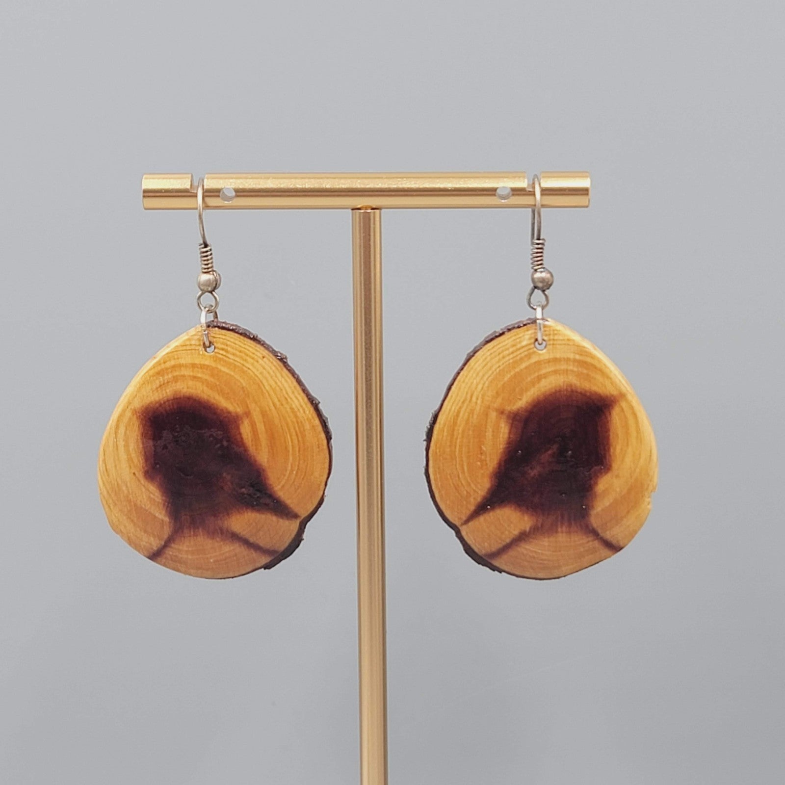 Live Edge Wood Round Pierced Earrings Clear Finish Dangle  1.5"