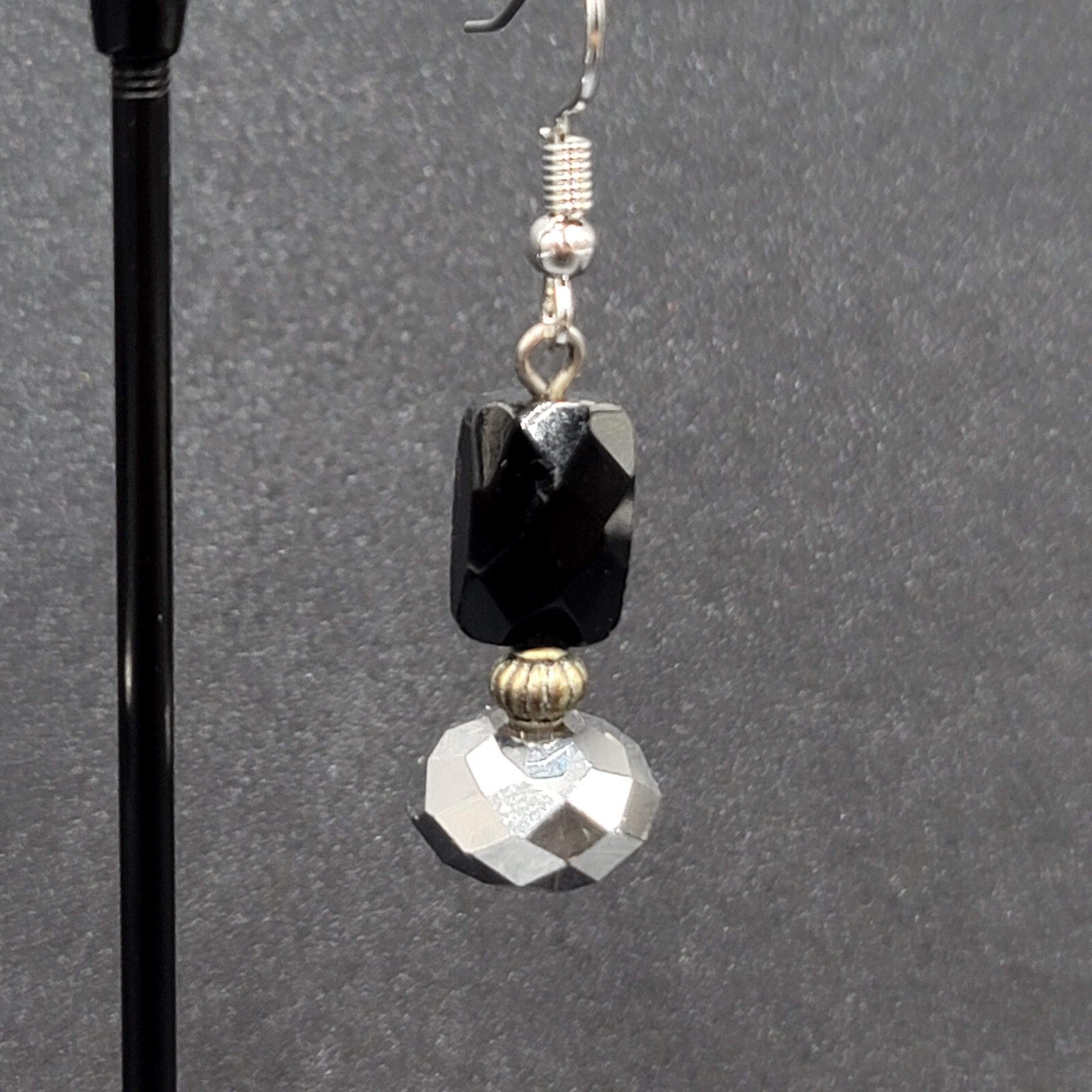 Pierced Earrings Black Glass Bead Silver tone Dangle 1.25"