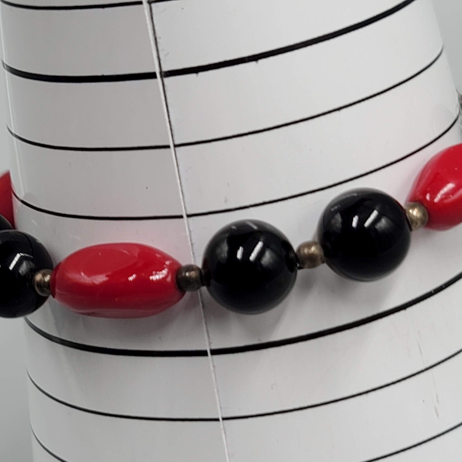 Black and Red Glass Bead Bracelet Sterling Silver 6.5" - 7.5"