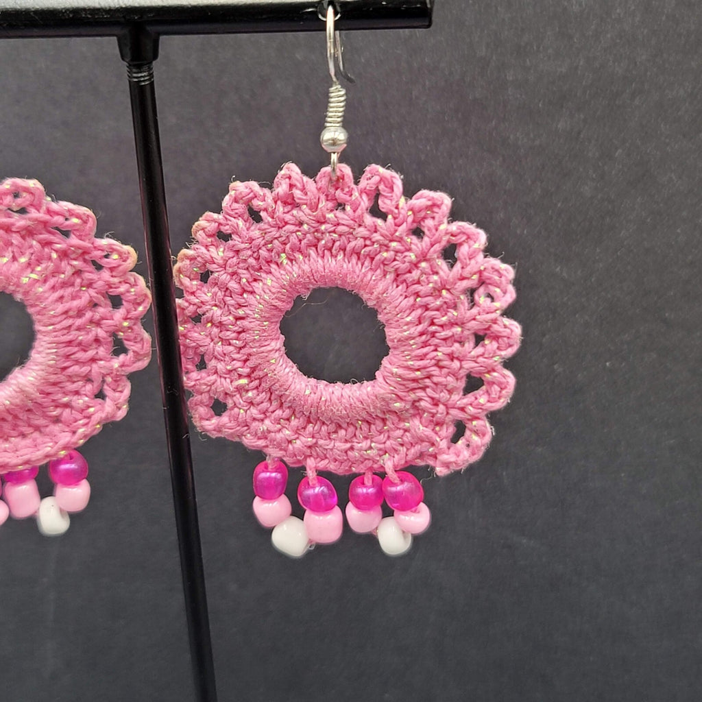 Pierced Earrings Pink Crochet Bead Dangle 1 7/8"
