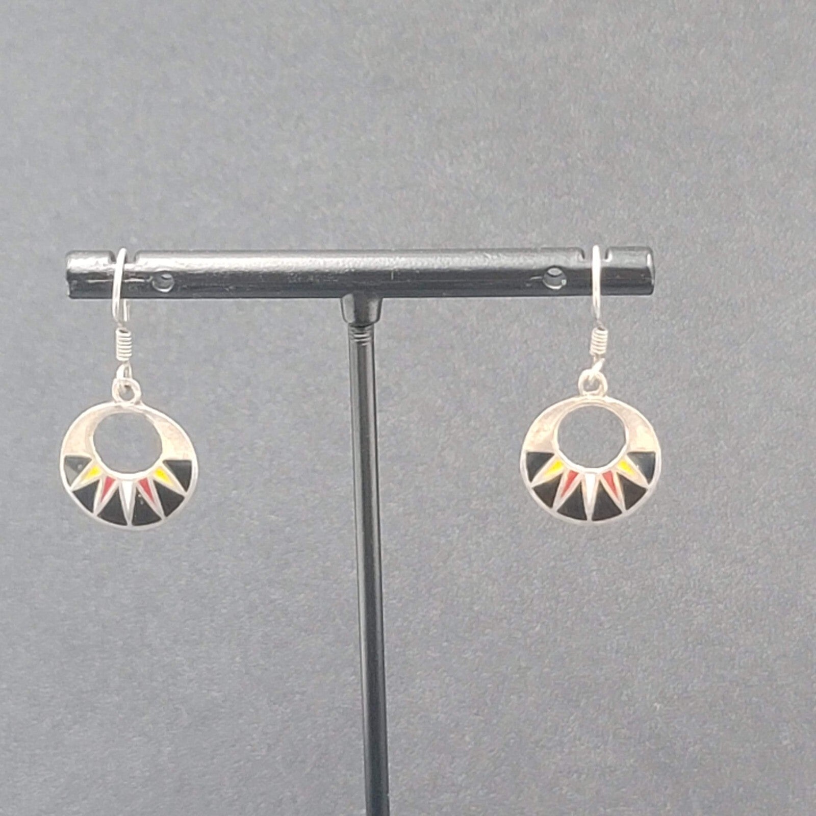 Mexico Sterling Silver Pierced Earrings Enamel Red Black Yellow 925. 5/8"