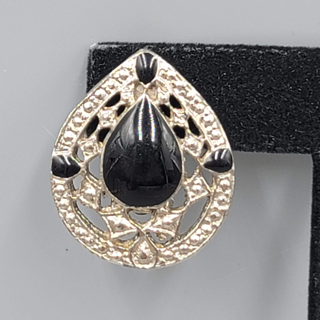 Vintage Teardrop Clip on Earrings Black Enamel Silver tone Drop 1 1/8"