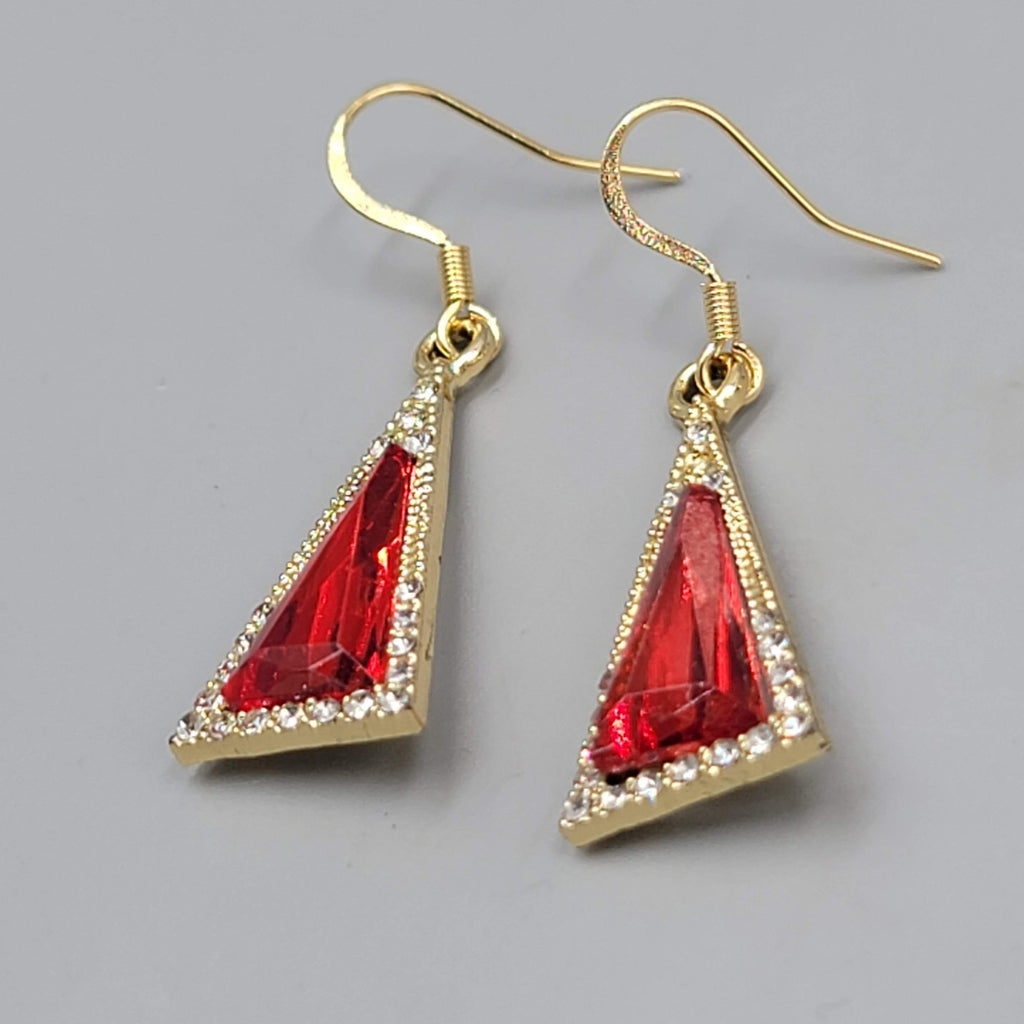 Red Rhinestone Triangle Pierced Earrings Gold tone Dangle 7/8"