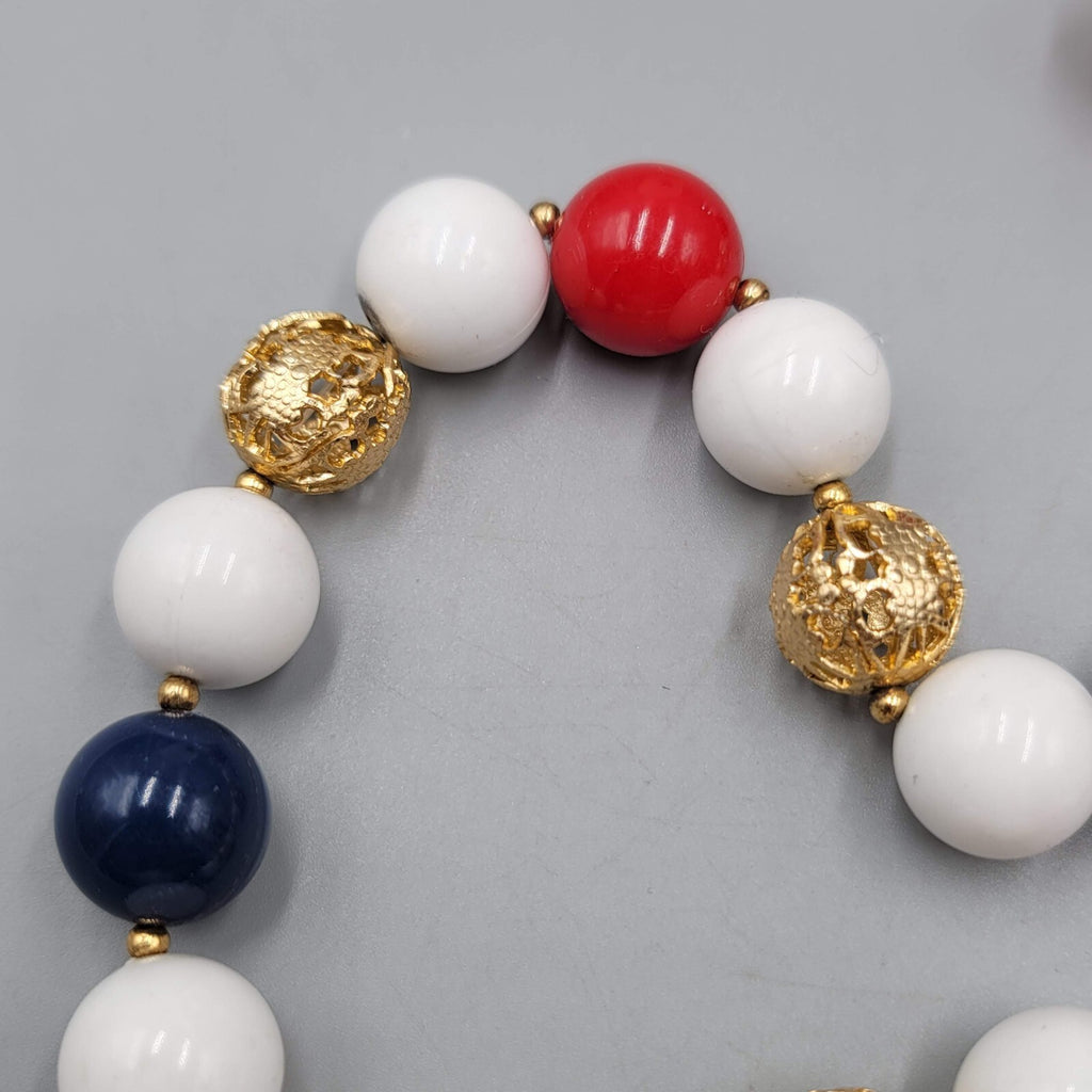 Vintage Necklace Red White Blue Gold tone Filigree Beads 30"