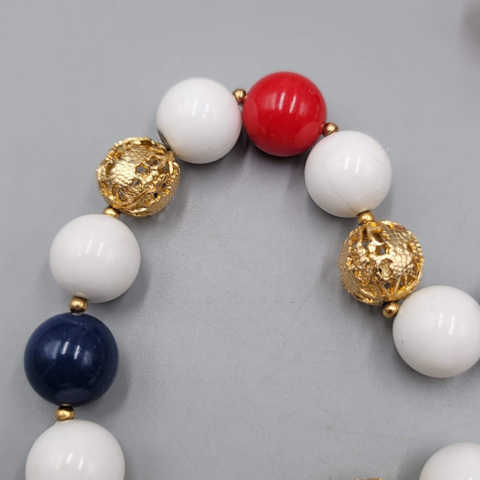 Vintage Necklace Red White Blue Gold tone Filigree Beads 30"