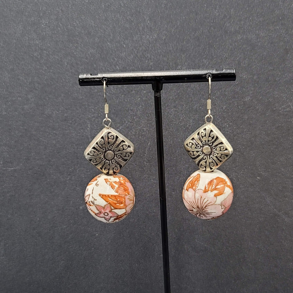 Pierced Earrings Silver tone Hand Painted Floral Pottery Bead  1.5"