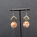 Pierced Earrings Silver tone Hand Painted Floral Pottery Bead  1.5"