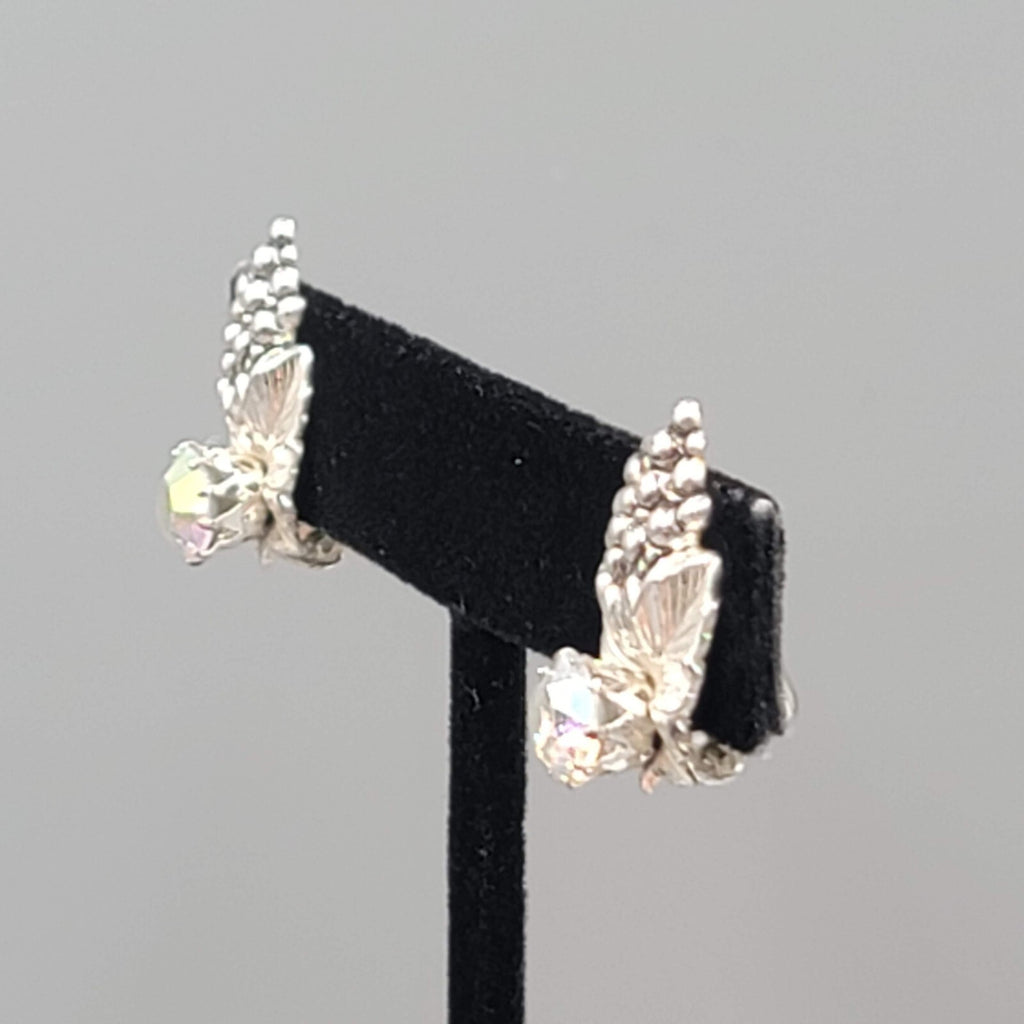 Sterling Silver Clip On Earrings Grapes AB Rhinestone Drop 3/4"