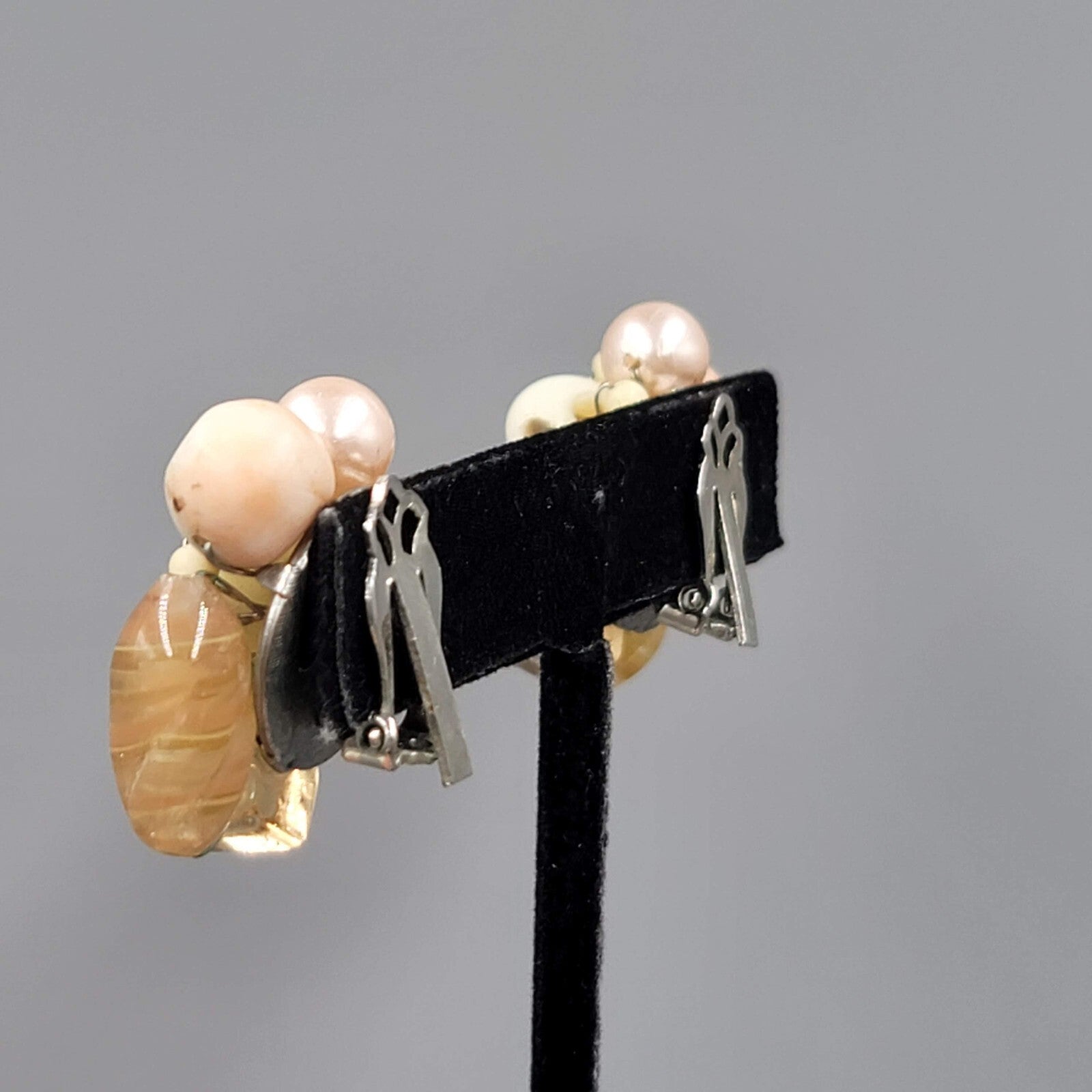 Vintage Cluster Bead Clip on Earrings Molded Glass Tans White 1 1/8"
