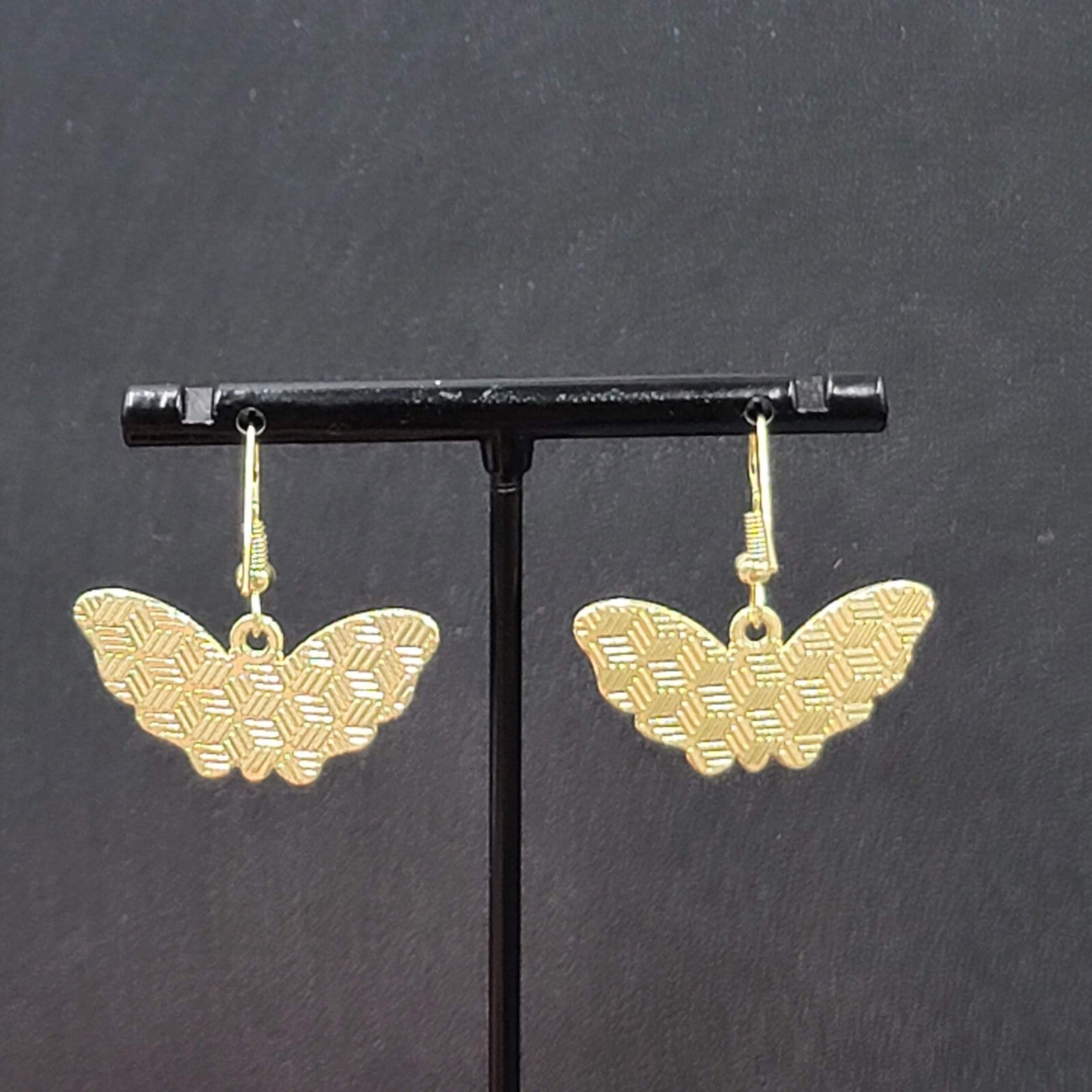 Moth Pierced Earrings Gold tone Green Pink Black Enamel Dangle 1/2"