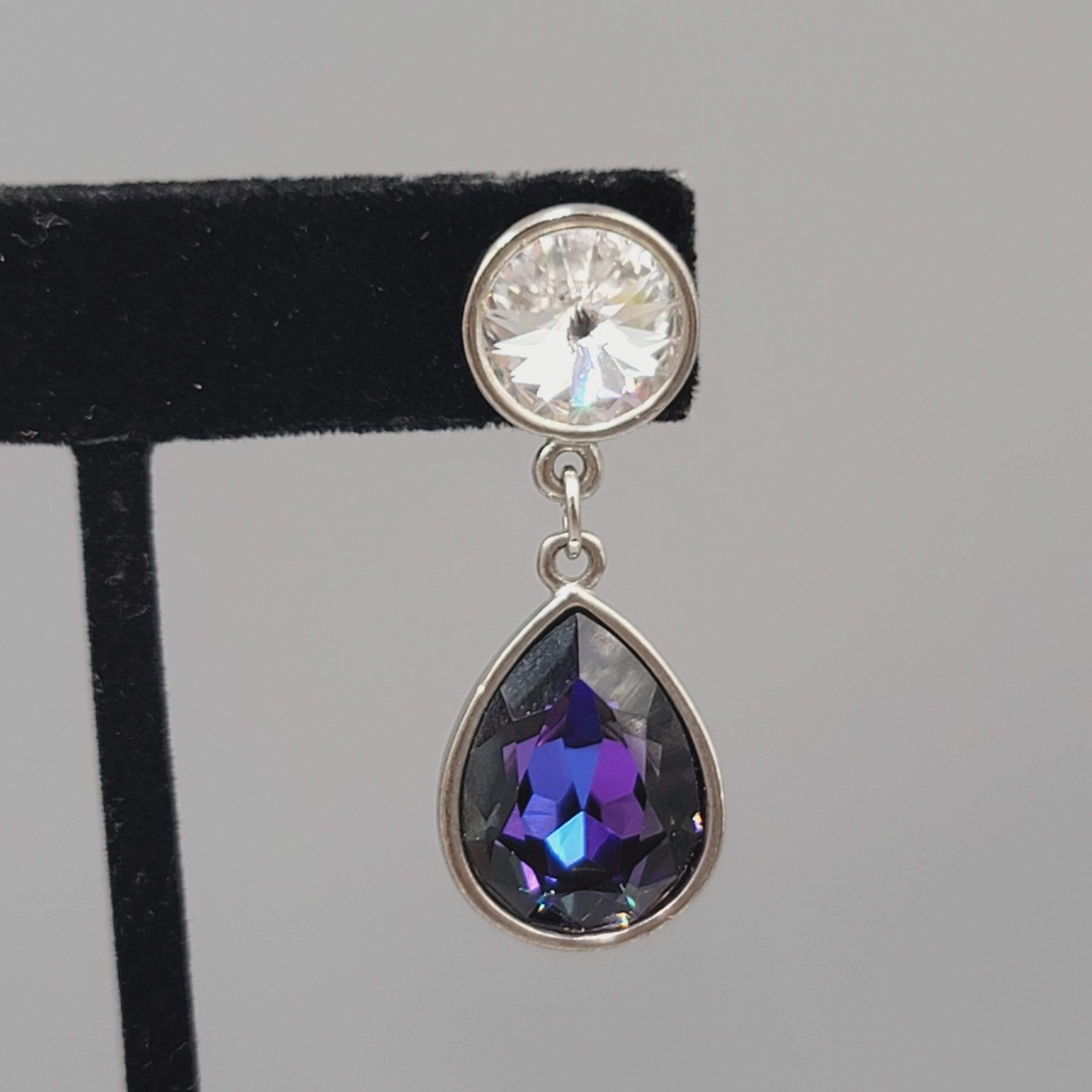 Brilliant Purple Crystal Teardrop Pierced Earrings Silver tone Dangle 1.5"