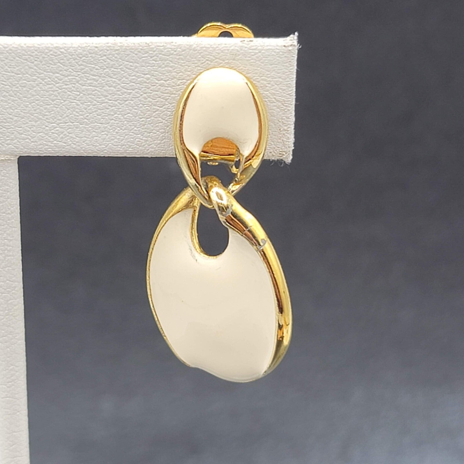 Vintage Clip on Earrings Gold Plate White Enamel Dangle 1.5"