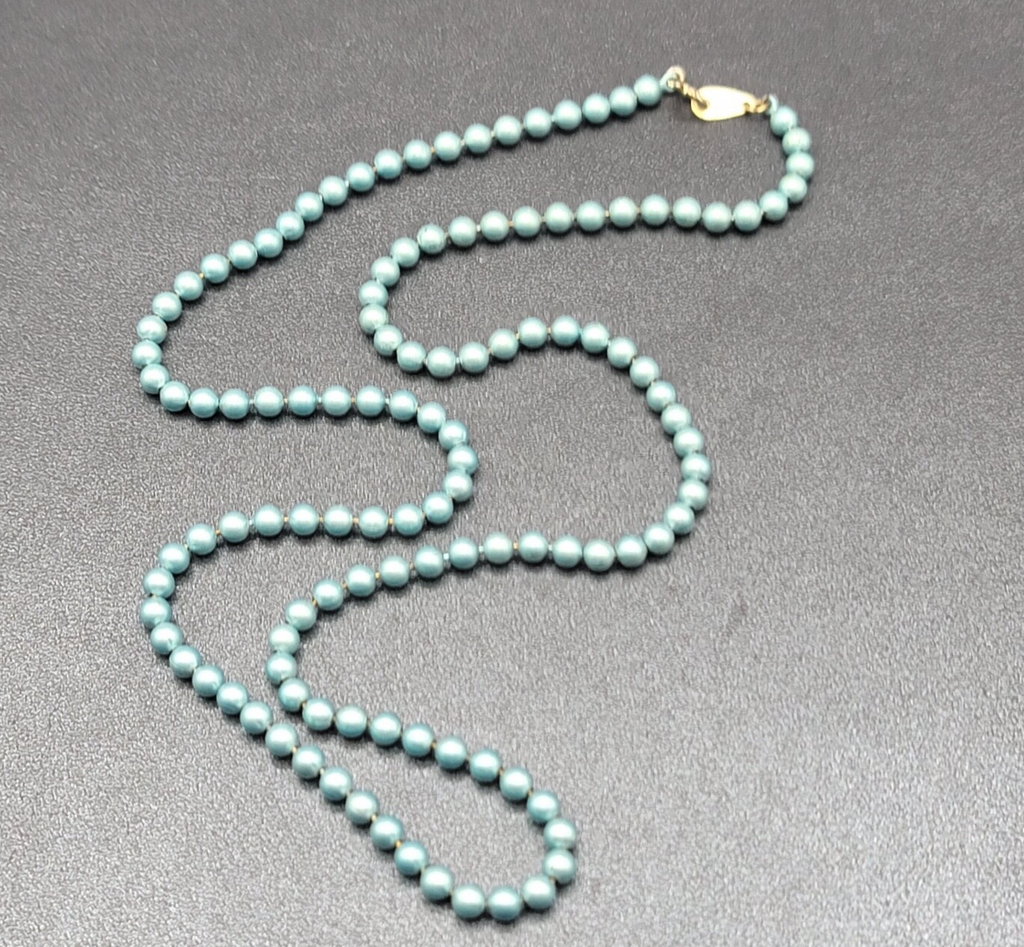 Vintage Necklace Blue Enamel Metal Beads Daisy Flower Logo Estate Jewelry 25"