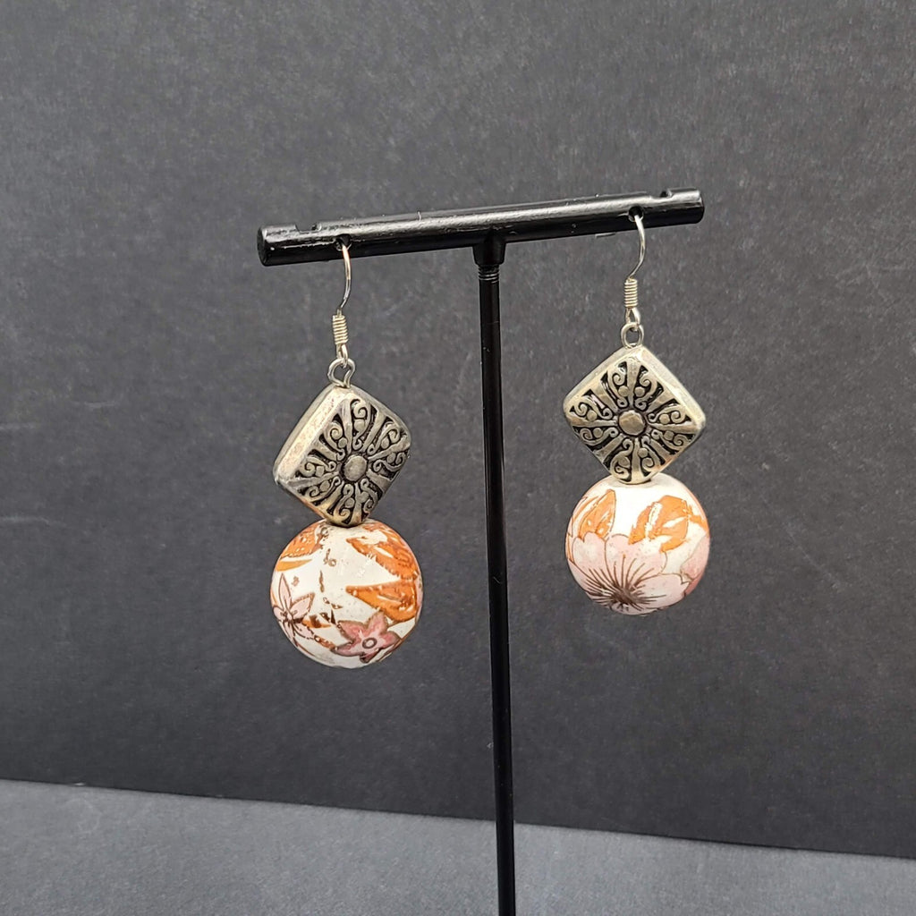 Pierced Earrings Silver tone Hand Painted Floral Pottery Bead  1.5"
