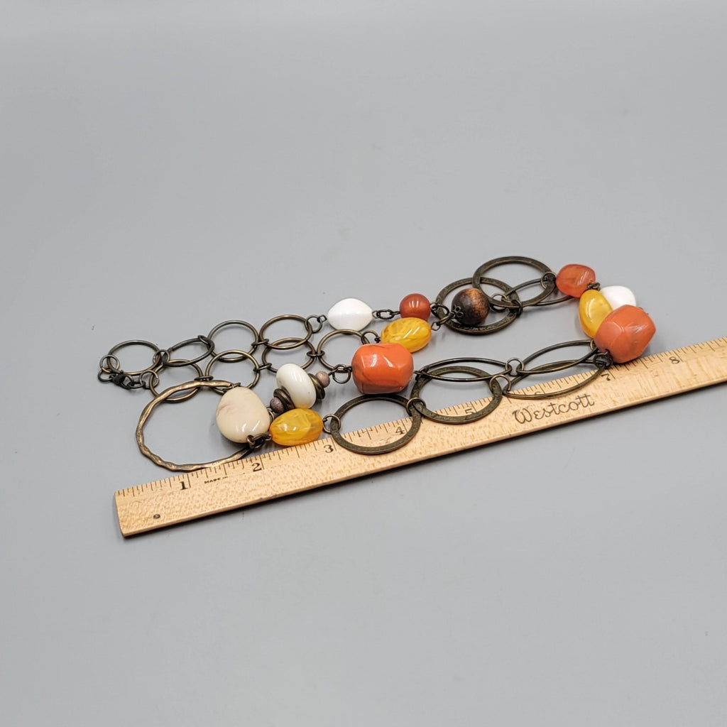Autumn Fall Bead Necklace Bronze tone Circles Long 32 in