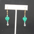 Pierced Earrings Gold tone Malachite Heart Bead Clear Crystals 1 3/8"