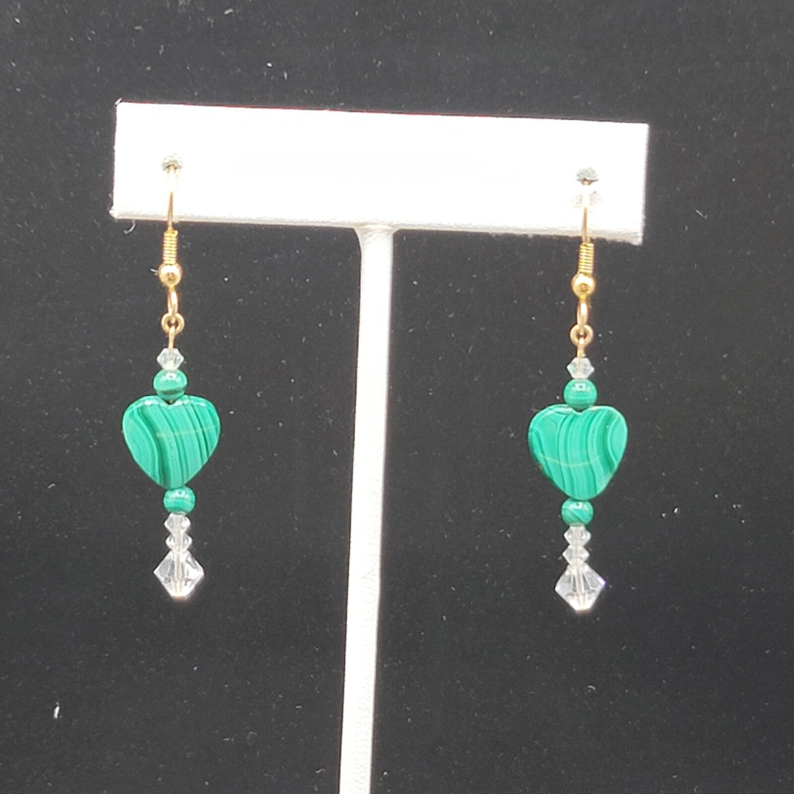 Pierced Earrings Gold tone Malachite Heart Bead Clear Crystals 1 3/8"