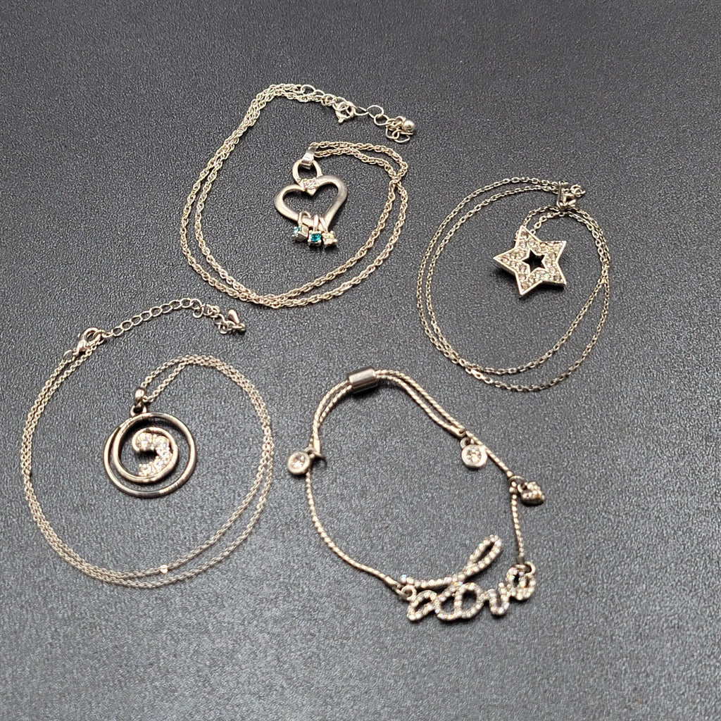 Lot of 4 Costume Crystal Silver tone Jewlery 3 Pendant Necklaces 1 Love Bracelet