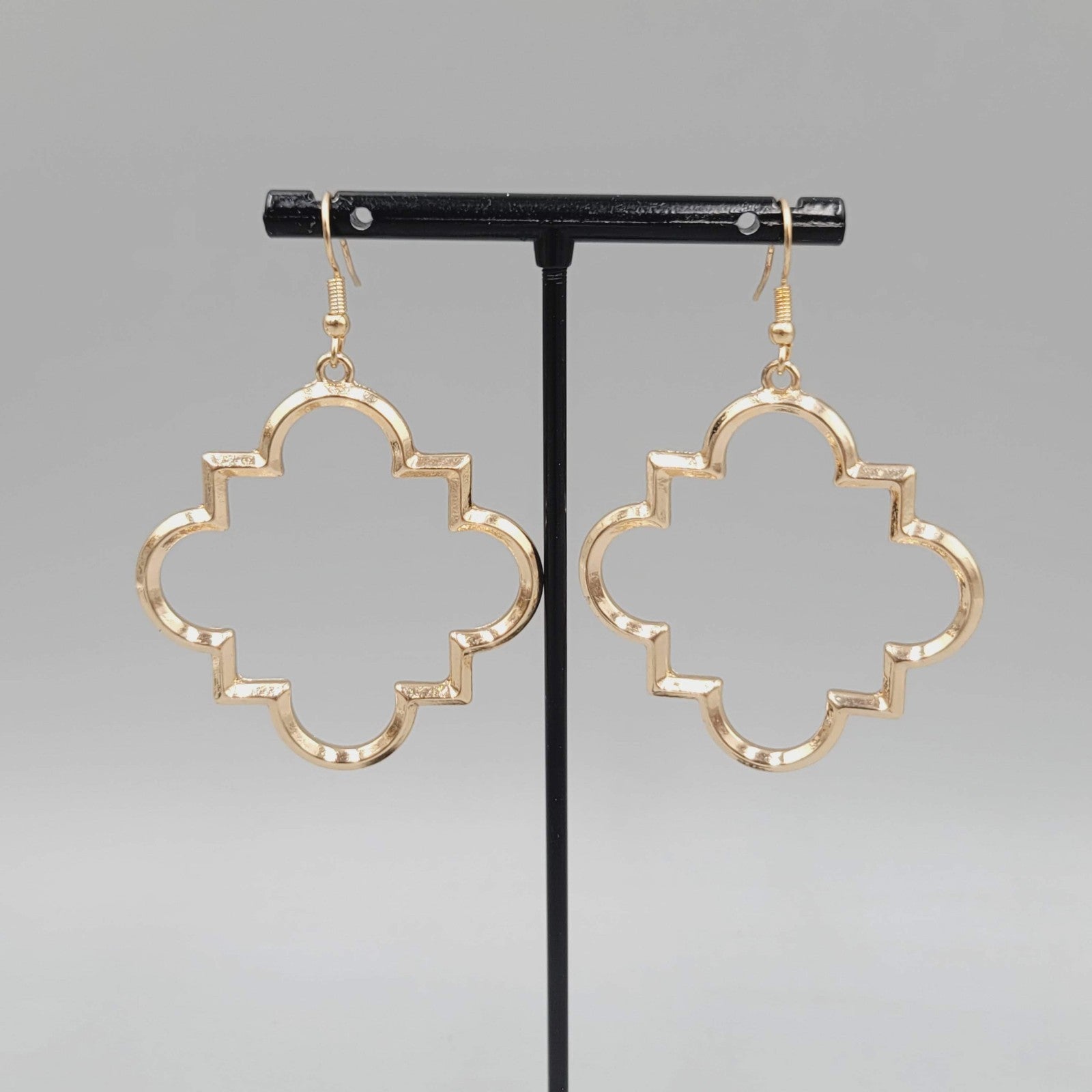 Pierced Earrings Open Work Gold tone Dangle Geometric  1.75"
