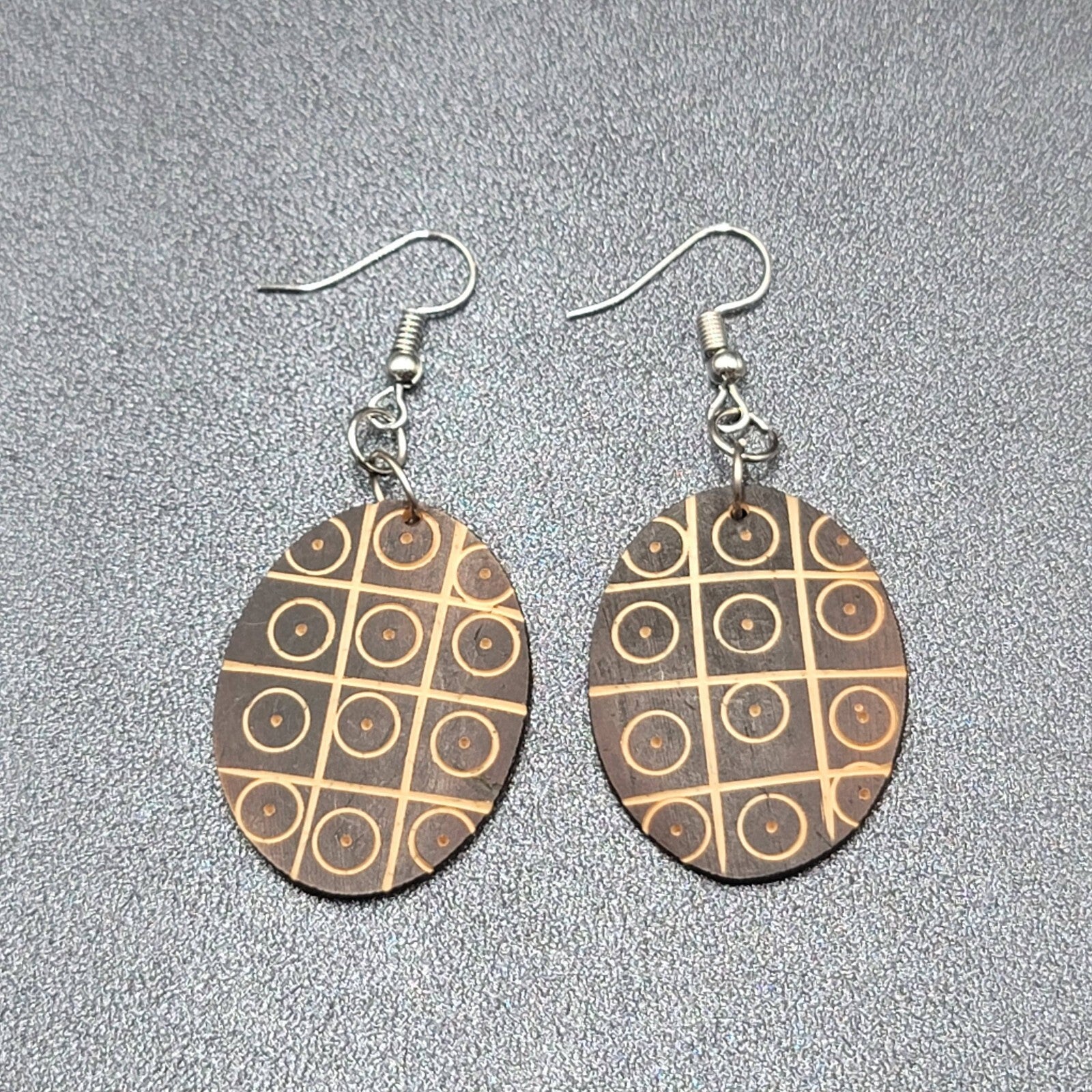 Pierced Earrings Hand Carved Wood Oval Dangle Silver tone 1.5"