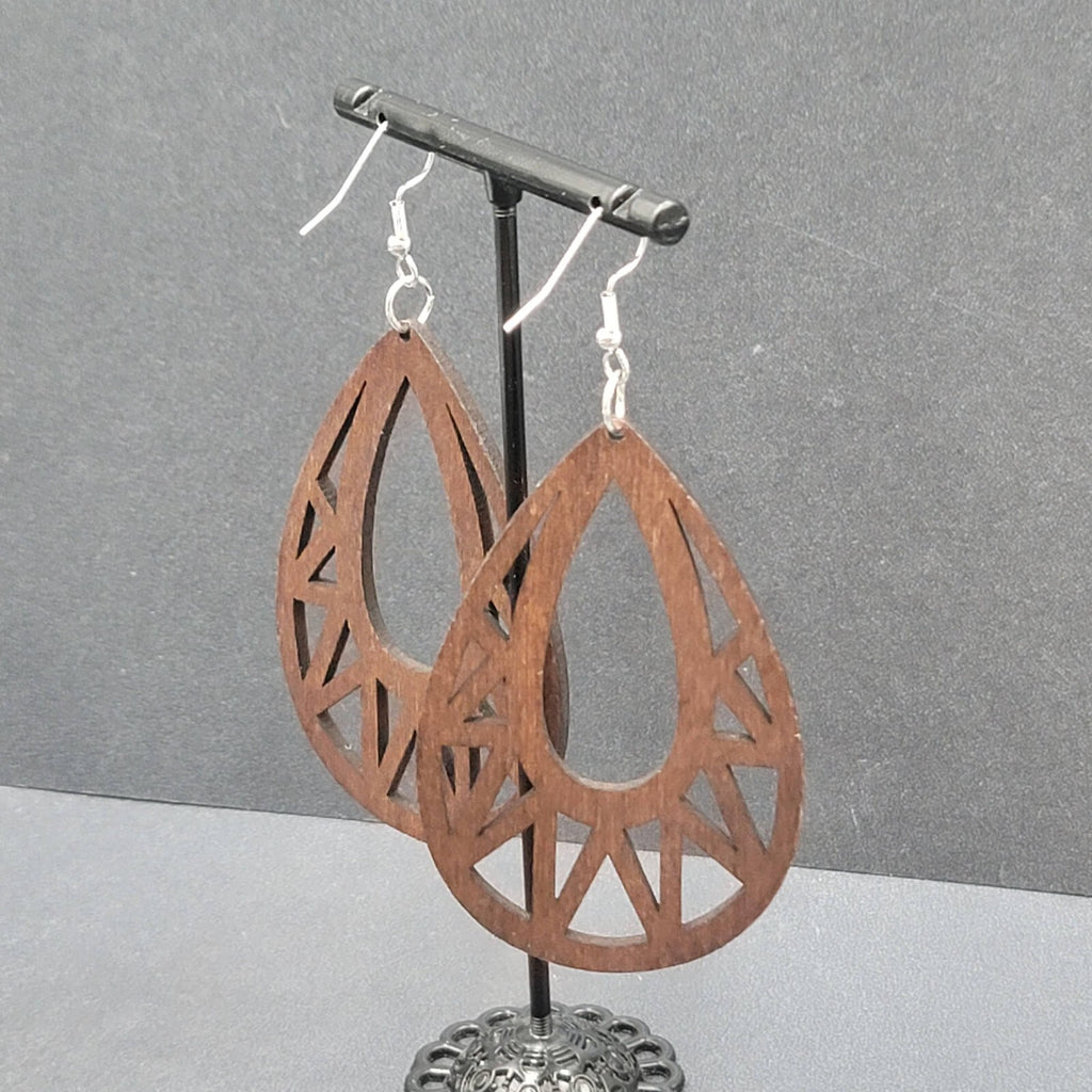 Boho Wood Pierced Earrings Laser Cut Open Teardrop 2.5"