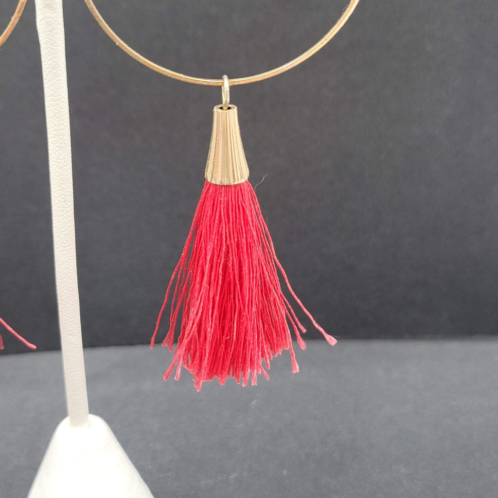 Pierced Earrings Gold tone Red Tassel Statement Dangle 3.5"