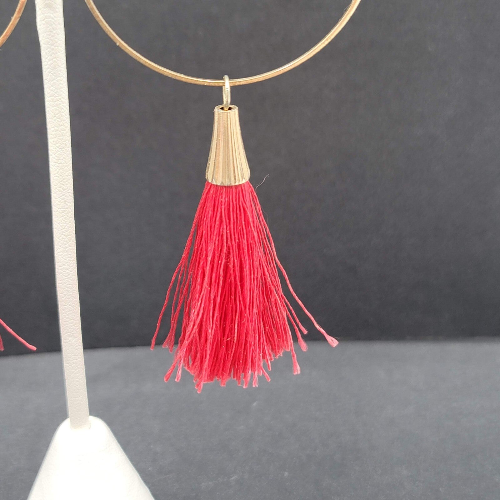 Pierced Earrings Gold tone Red Tassel Statement Dangle 3.5"