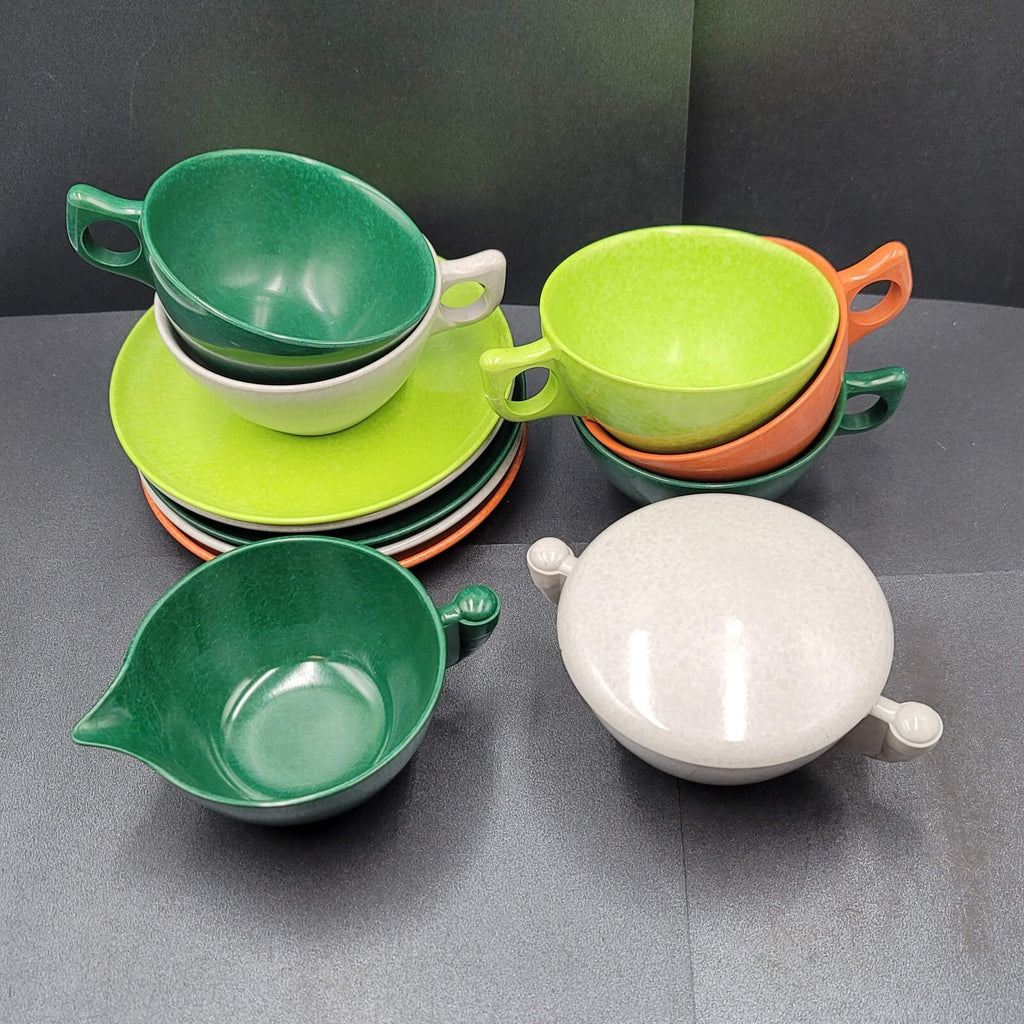 Vtg Melmac Coffee Cups Color Flyte by Branchell Creamer Sugar Saucers 12 pc