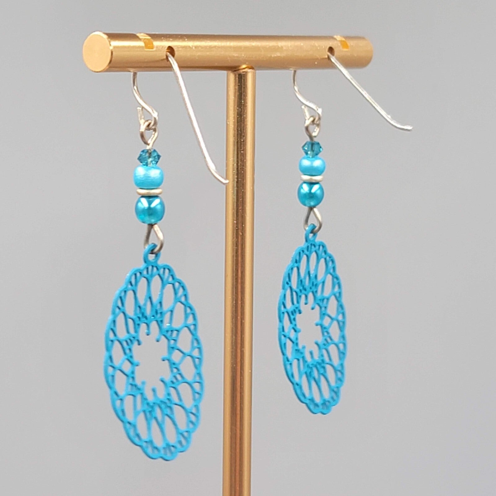 Blue Laser Cut Metal Open Work Pierced Earrings Bead Silver tone Dangle 1.75"