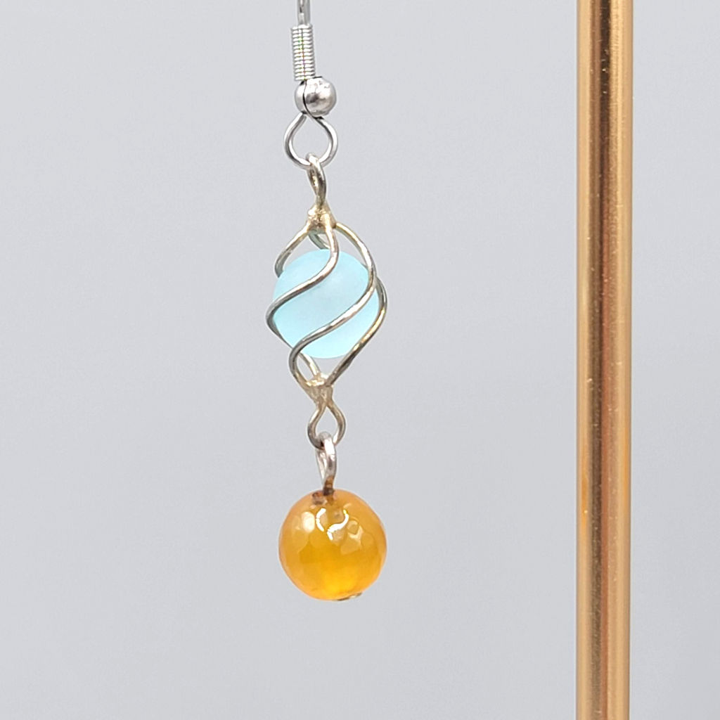 Blue Yellow Glass Bead Pierced Earrings Silver tone Dangle  1.25 in