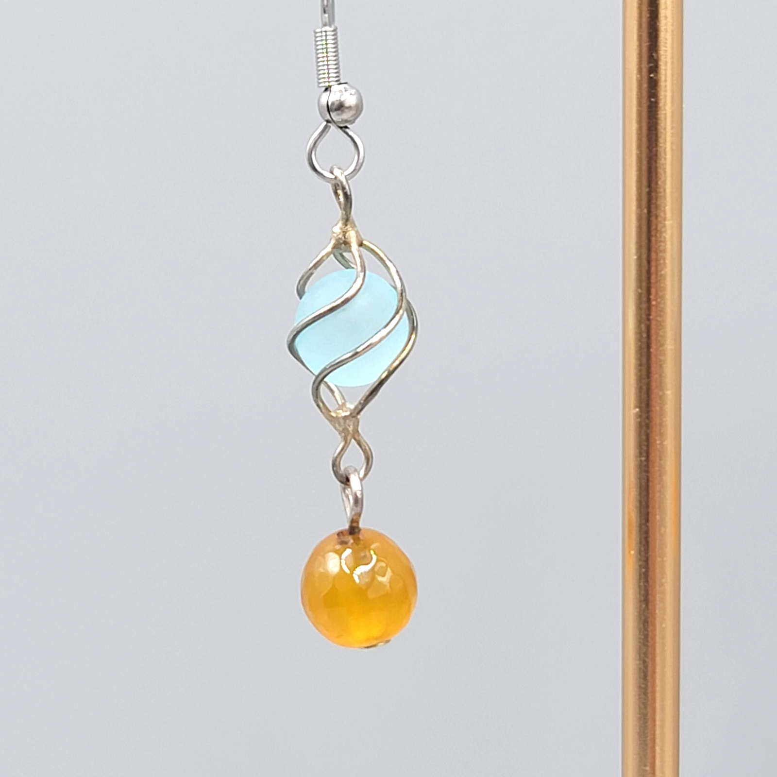 Blue Yellow Glass Bead Pierced Earrings Silver tone Dangle  1.25 in
