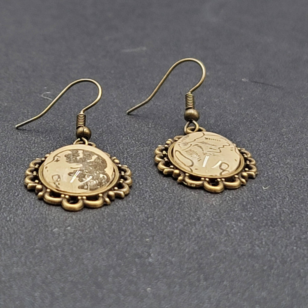 Pierced Earrings Bronze tone Glass Cabochon Updo Ladies Antique Drawings 1.25"
